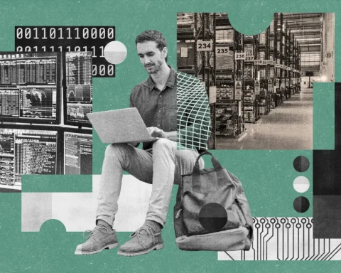 Man with a laptop amid a collage of server racks, binary digits, and circuit graphics illustrating data analytics.