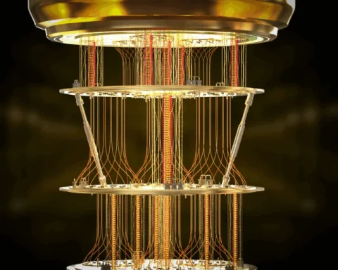 Close-up of a multi-layer copper coil assembly in a dark lab, with glowing orange wires and circular support rings.