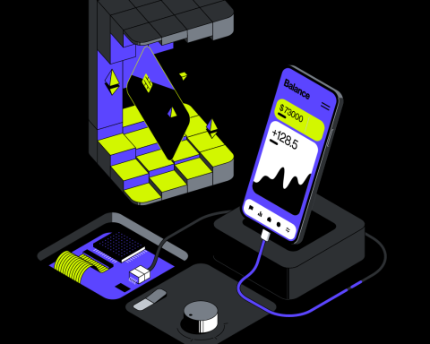 Isometric scene of a crypto mining rig with a handheld device and a smartphone showing balance and a graph.