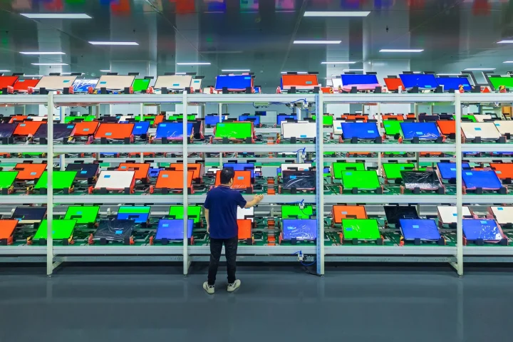 Worker inspecting electronics on a factory production line