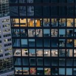 Office interiors in a European financial district building at dusk