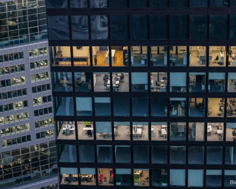 Office interiors in a European financial district building at dusk